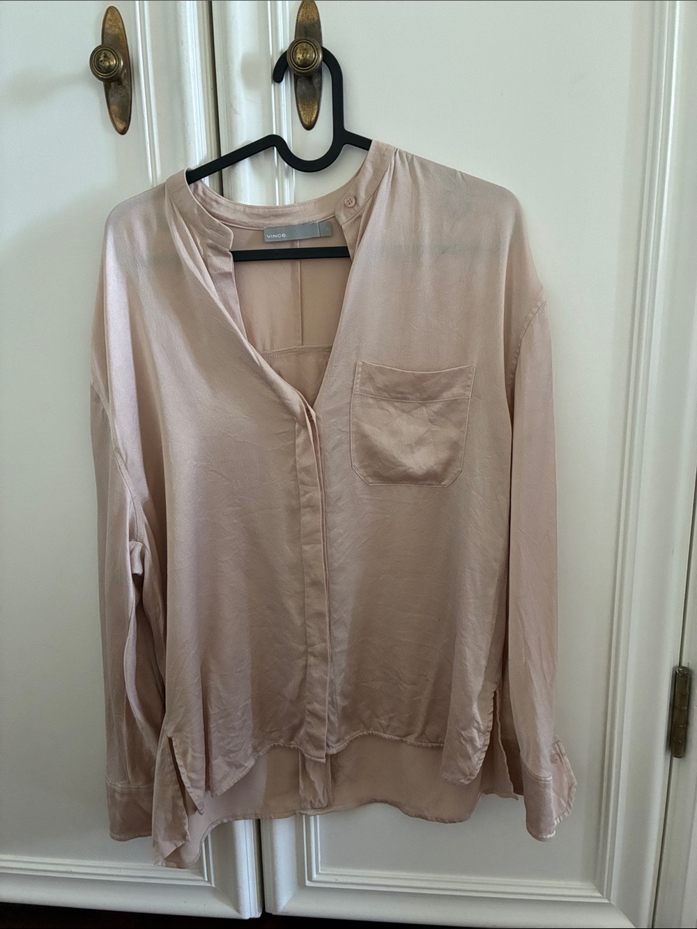 Vince Soft Blush V-Neck Silk Pocket Blouse